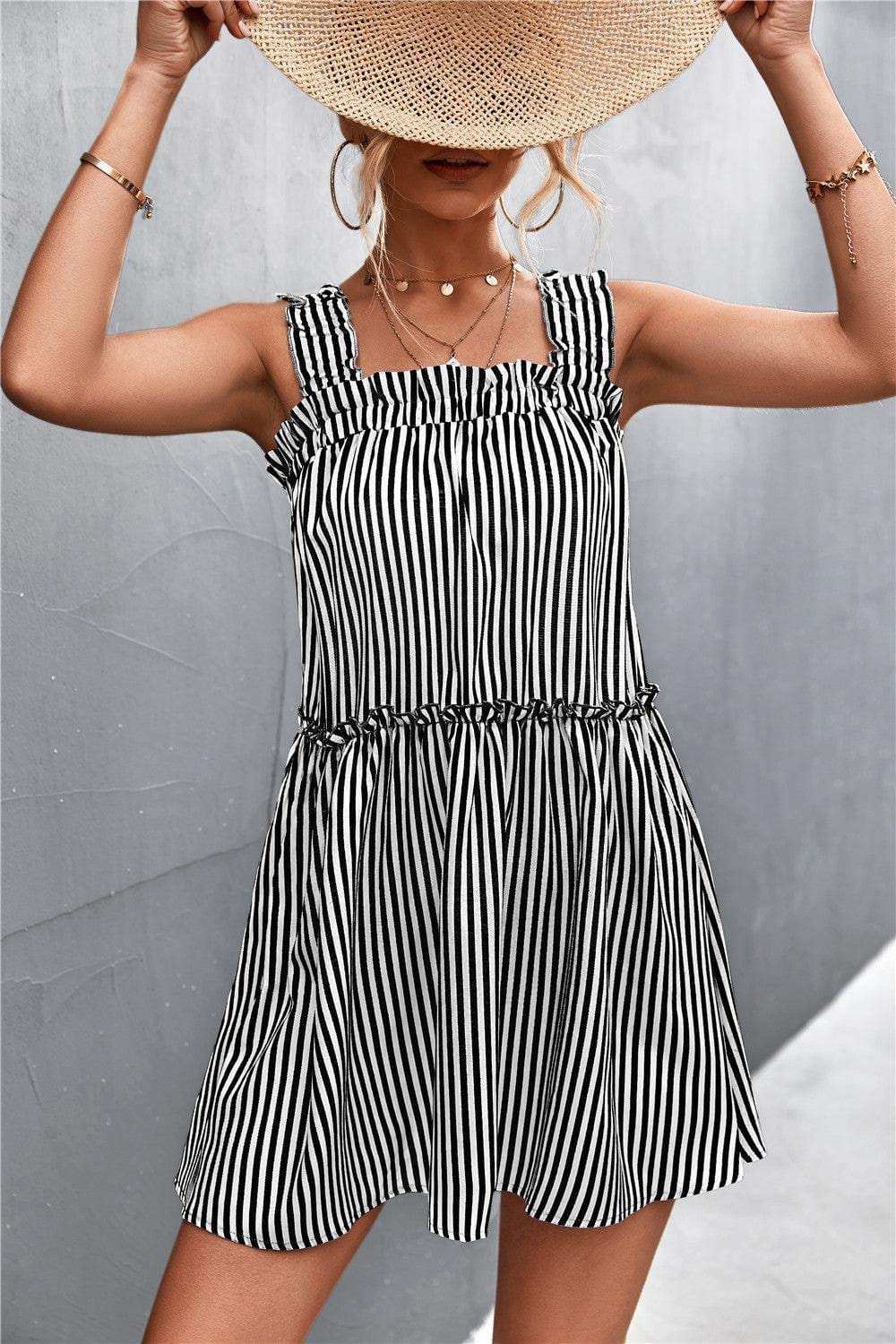 Striped Frill Trim Square Neck Dress - Trendsi - Flyclothing LLC