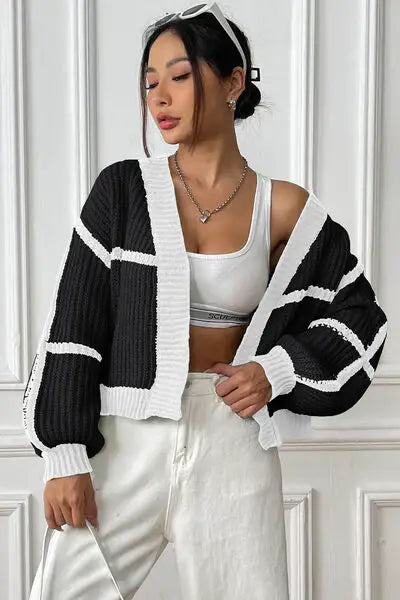 Contrast Open Front Long Sleeve Cardigan - Trendsi - Flyclothing LLC