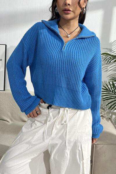 Quarter Zip Dropped Shoulder Sweater - Trendsi - Flyclothing LLC