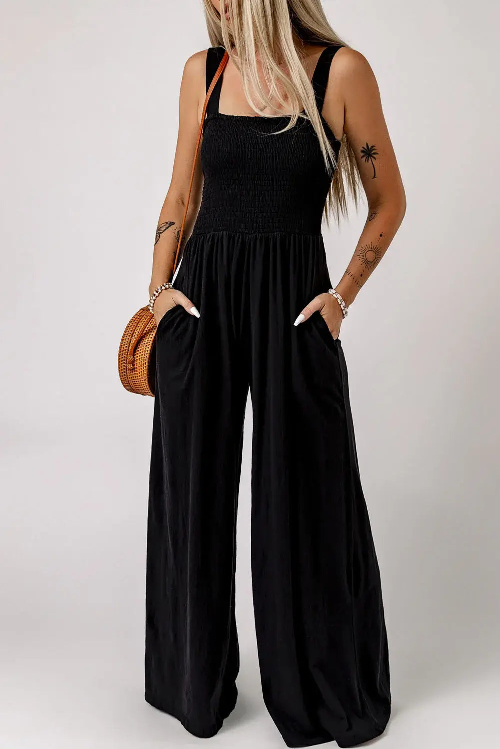 Smocked Square Neck Wide Leg Jumpsuit with Pockets - Trendsi - Flyclothing LLC