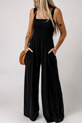 Smocked Square Neck Wide Leg Jumpsuit with Pockets - Trendsi - Flyclothing LLC