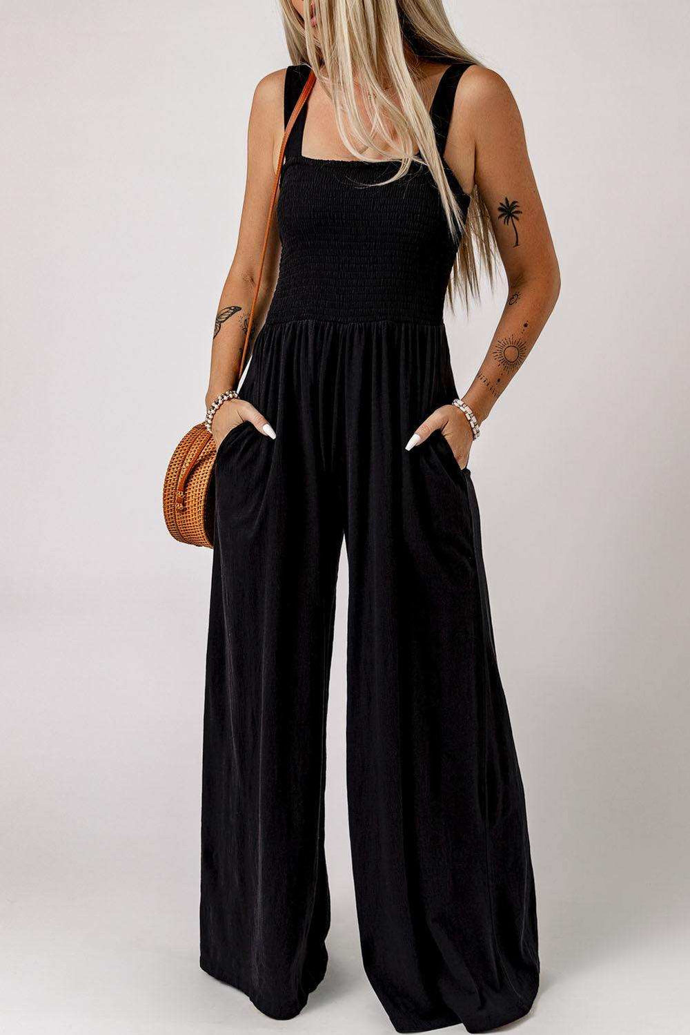 Smocked Square Neck Wide Leg Jumpsuit with Pockets - Trendsi - Flyclothing LLC