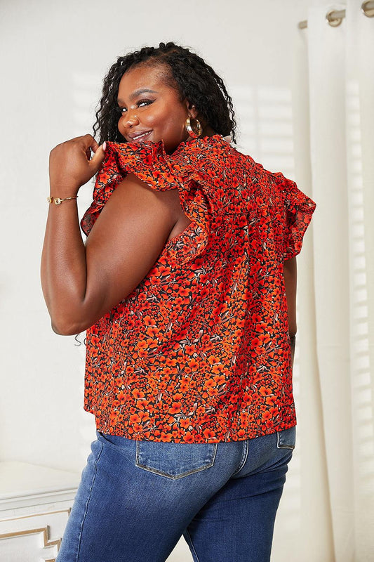 Double Take Floral Flutter Sleeve Notched Neck Blouse - Trendsi
