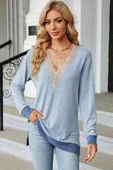 Slit V-Neck Long Sleeve T-Shirt - Trendsi - Flyclothing LLC