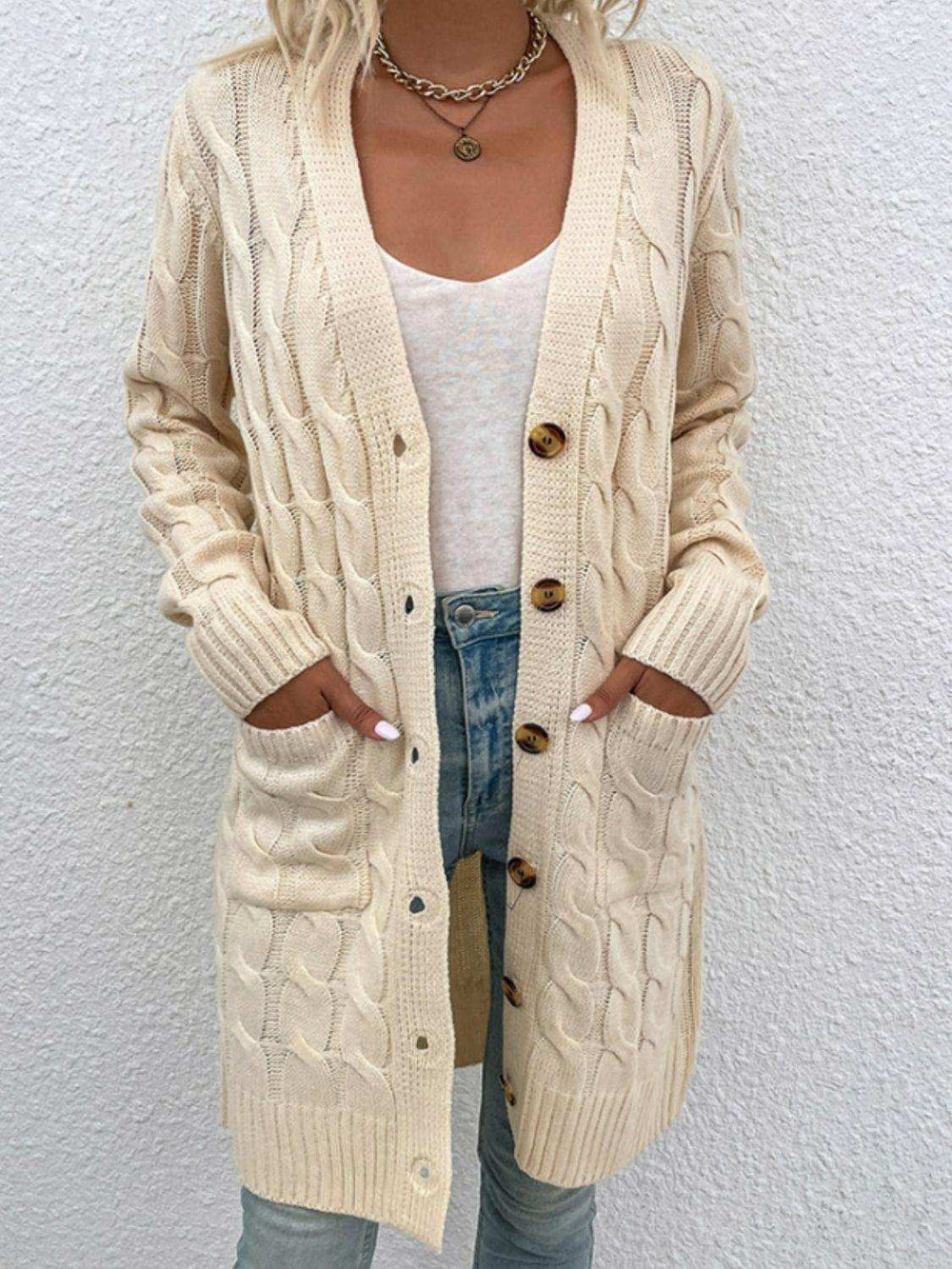 Cable-Knit Button Down Cardigan with Pockets - Trendsi - Flyclothing LLC