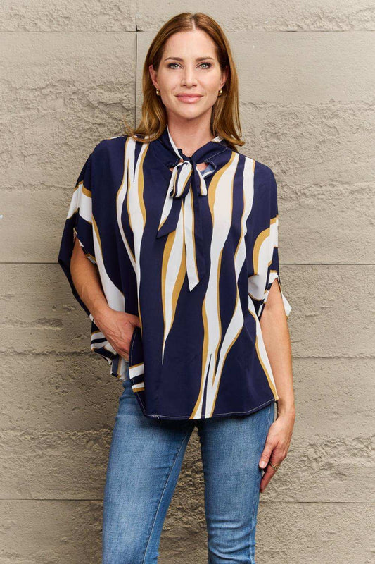 Tie Neck Printed Slit Sleeve Blouse - Trendsi - Flyclothing LLC