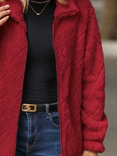 Fuzzy Pocketed Zip Up Jacket - Trendsi