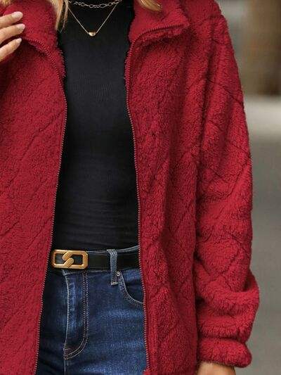 Fuzzy Pocketed Zip Up Jacket - Trendsi - Flyclothing LLC