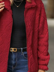Fuzzy Pocketed Zip Up Jacket - Trendsi