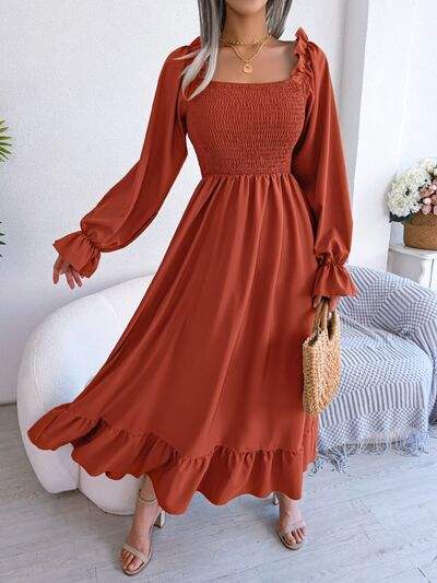 Smocked Square Neck Flounce Sleeve Dress - Trendsi - Flyclothing LLC