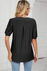 Eyelet Notched Short Sleeve T-Shirt - Trendsi - Flyclothing LLC