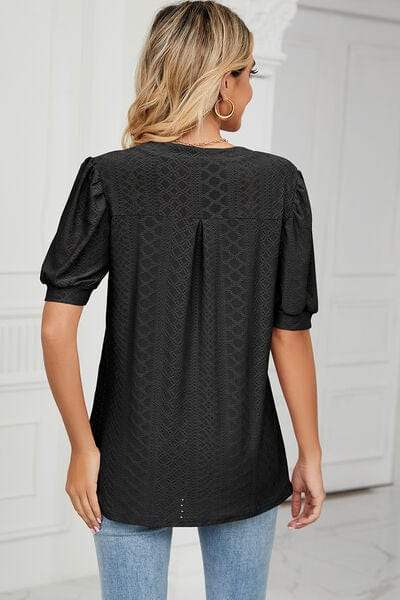 Eyelet Notched Short Sleeve T-Shirt - Trendsi - Flyclothing LLC