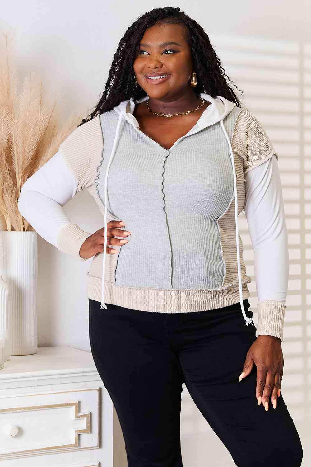 Double Take Color Block Exposed Seam Drawstring Hoodie - Trendsi - Flyclothing LLC