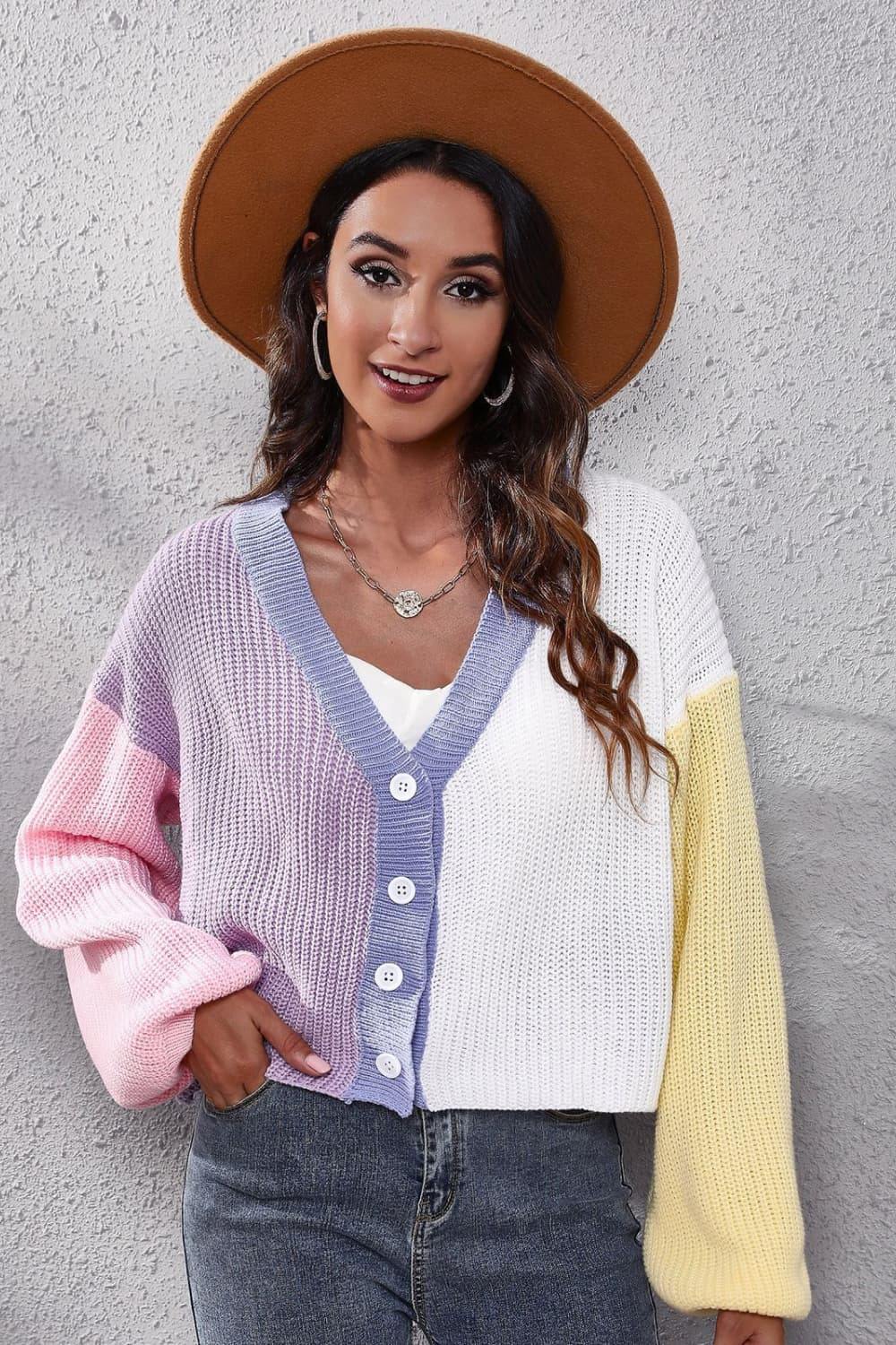 Color Block Ribbed Long Sleeve Cardigan - Trendsi