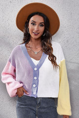 Color Block Ribbed Long Sleeve Cardigan - Trendsi