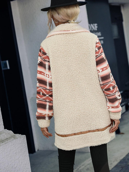 Geometric Zip-Up Collared Sherpa Jacket - Trendsi