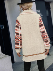Geometric Zip-Up Collared Sherpa Jacket - Trendsi