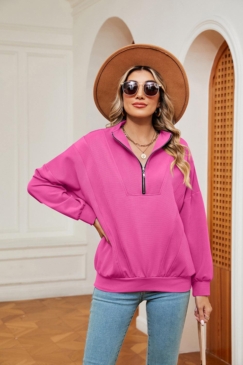 Half-Zip Dropped Shoulder Sweatshirt - Trendsi