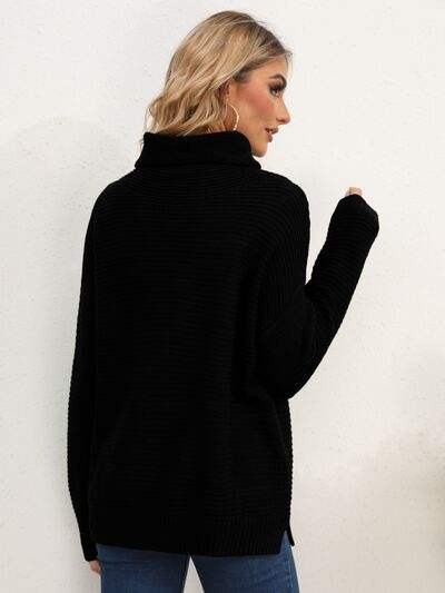 Slit Turtleneck Dropped Shoulder Sweater - Trendsi - Flyclothing LLC