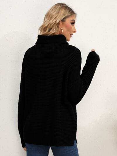 Slit Turtleneck Dropped Shoulder Sweater - Trendsi - Flyclothing LLC