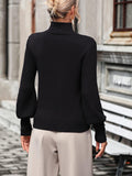 Mock Neck Ribbed Lantern Sleeve Pullover Sweater - Trendsi