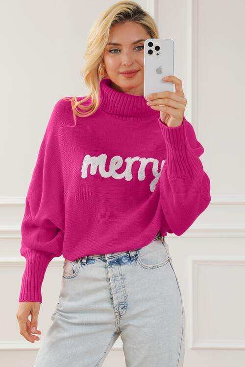Merry Letter Embroidered High Neck Sweater - Trendsi - Flyclothing LLC