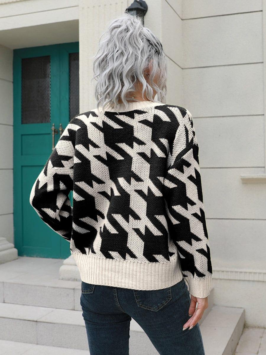 Houndstooth Button Down Cardigan - Trendsi