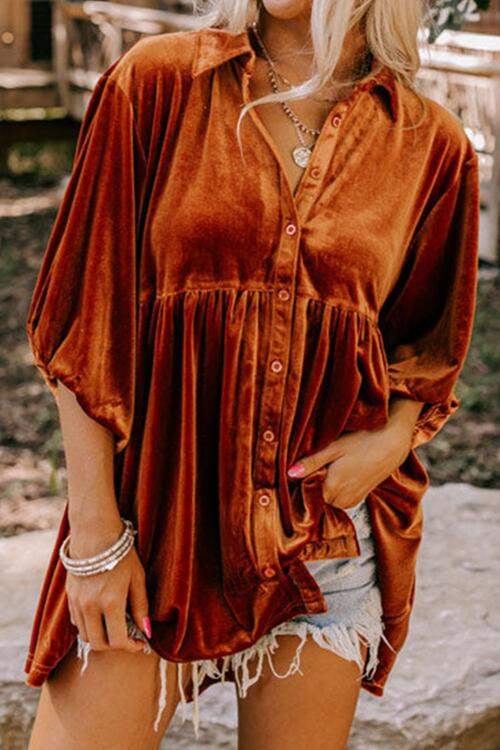 Tiered Button Up Collared Neck Shirt - Trendsi - Flyclothing LLC