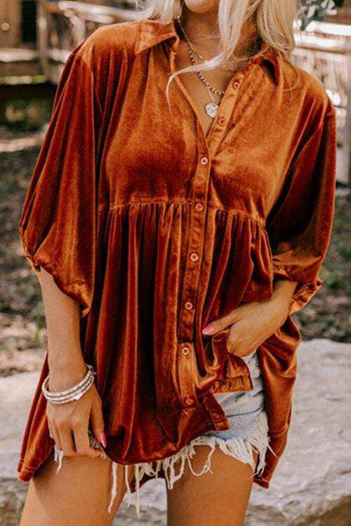 Tiered Button Up Collared Neck Shirt - Trendsi - Flyclothing LLC