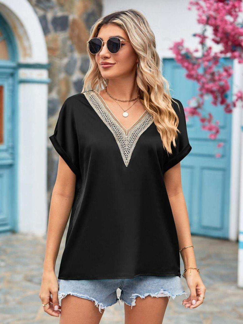 V-Neck Cuffed Blouse - Trendsi - Flyclothing LLC