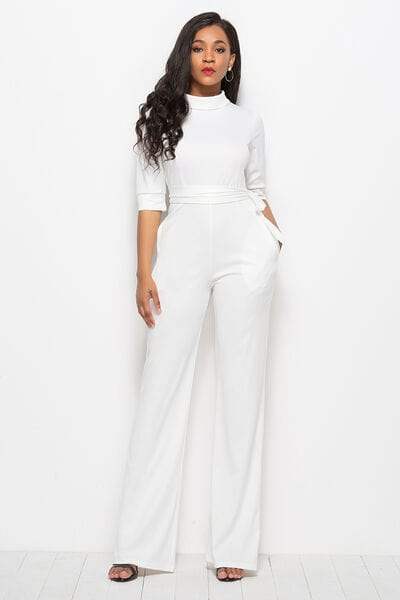 Mock Neck Tie-Waist Half Sleeve Jumpsuit - Trendsi - Flyclothing LLC