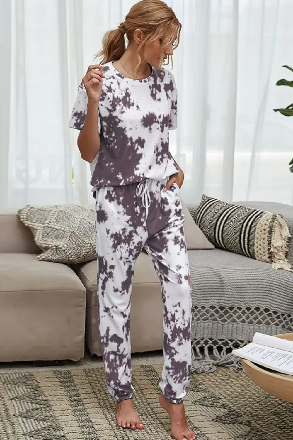 Tie-Dye Tee and Drawstring Waist Joggers Lounge Set - Trendsi - Flyclothing LLC