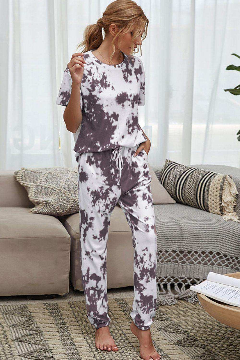 Tie-Dye Tee and Drawstring Waist Joggers Lounge Set - Trendsi - Flyclothing LLC