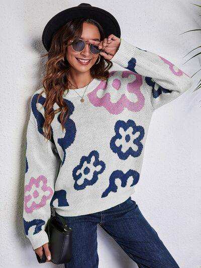 Flower Pattern Round Neck Long Sleeve Sweater - Trendsi - Flyclothing LLC