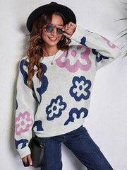 Flower Pattern Round Neck Long Sleeve Sweater - Trendsi