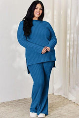 Basic Bae Full Size Ribbed High-Low Top and Wide Leg Pants Set - Trendsi
