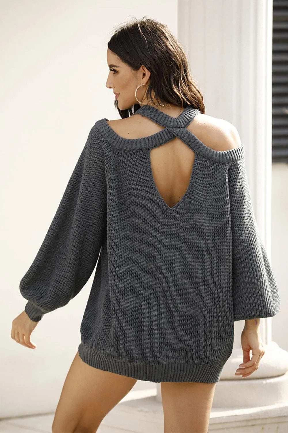 Ribbed Long Sleeve Cold Shoulder Knit Top - Trendsi - Flyclothing LLC