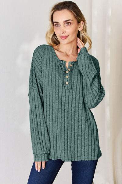 Basic Bae Full Size Ribbed Half Button Long Sleeve T-Shirt - Trendsi - Flyclothing LLC