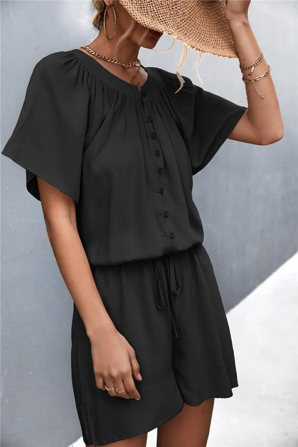 Buttoned Gather Detail Romper - Trendsi - Flyclothing LLC
