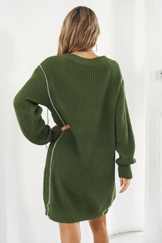 Contrast V-Neck Sweater Dress - Trendsi