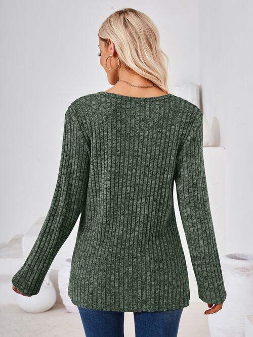 Ribbed Buttoned Round Neck Slit T-Shirt - Trendsi - Flyclothing LLC