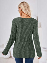 Ribbed Buttoned Round Neck Slit T-Shirt - Trendsi - Flyclothing LLC