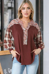 Plaid Notched Neck Slit Blouse - Trendsi - Flyclothing LLC