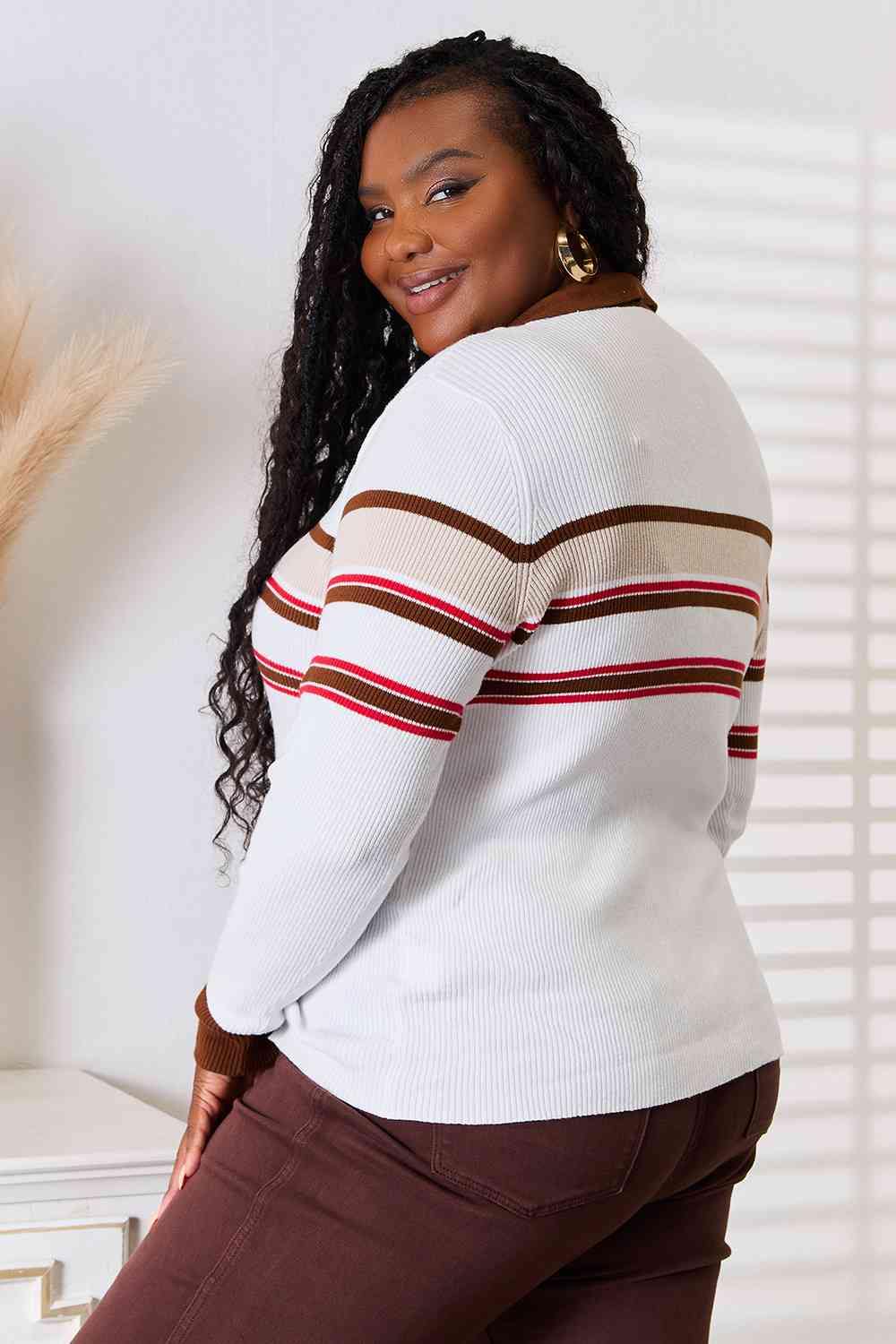 Basic Bae Striped Collared Neck Rib-Knit Top - Trendsi