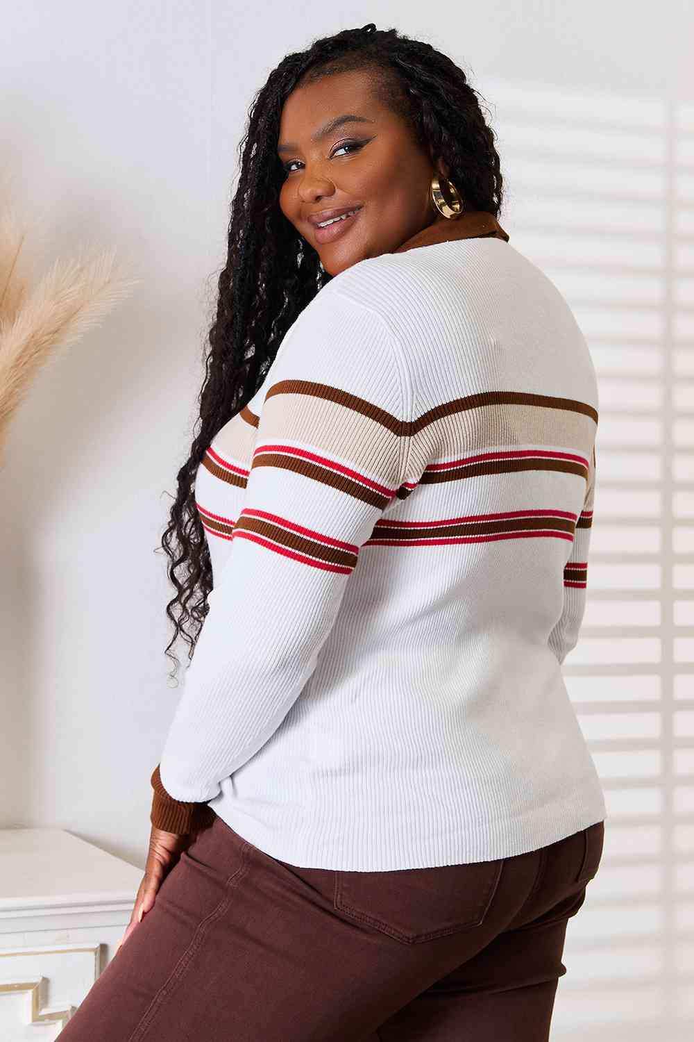 Basic Bae Striped Collared Neck Rib-Knit Top - Trendsi - Flyclothing LLC