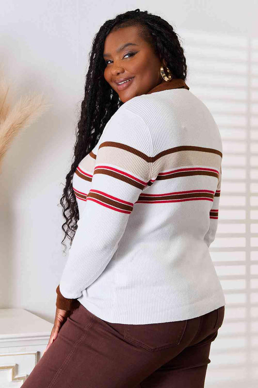 Basic Bae Striped Collared Neck Rib-Knit Top - Trendsi