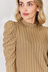 Basic Bae Full Size Ribbed Mock Neck Puff Sleeve T-Shirt - Trendsi