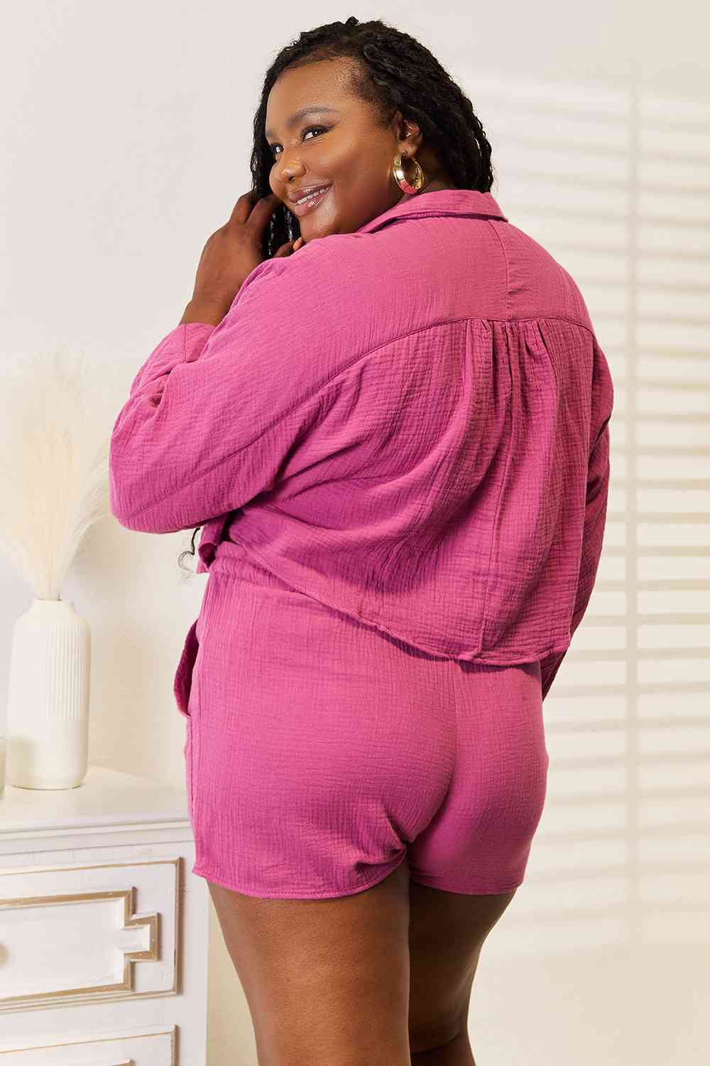 Basic Bae Buttoned Long Sleeve Top and Shorts Set - Trendsi - Flyclothing LLC