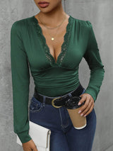 Lace Detail Plunge Long Sleeve Bodysuit - Trendsi - Flyclothing LLC