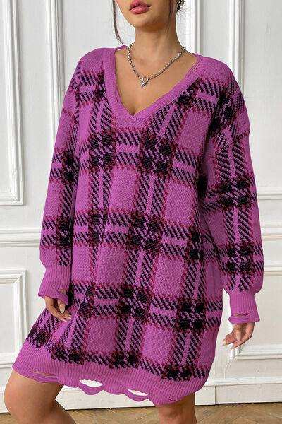 Plaid V-Neck Long Sleeve Sweater Dress - Trendsi - Flyclothing LLC